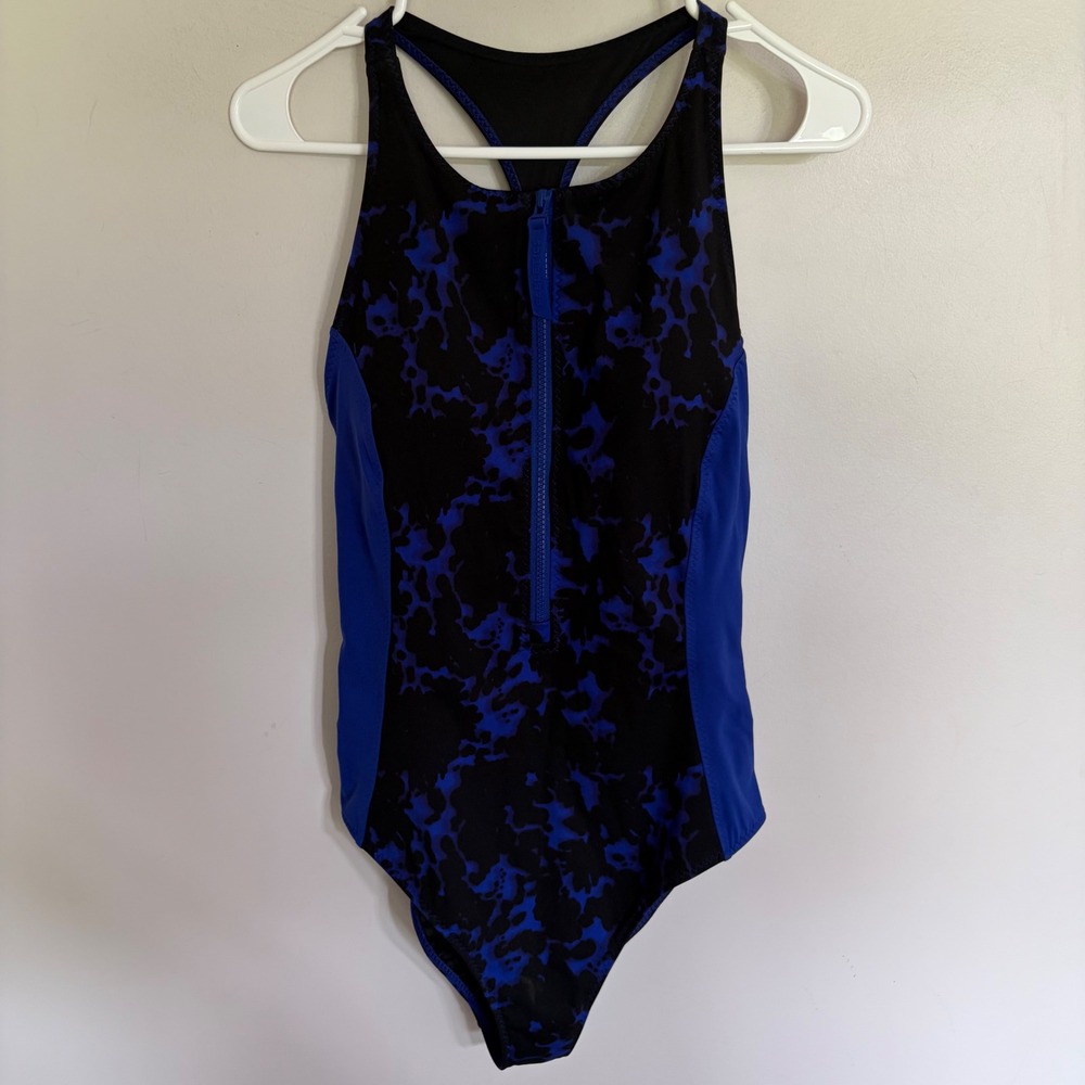 Fabletics Womens Blue Black Abstract Print Racerback Zip Front Swimsuit Medium